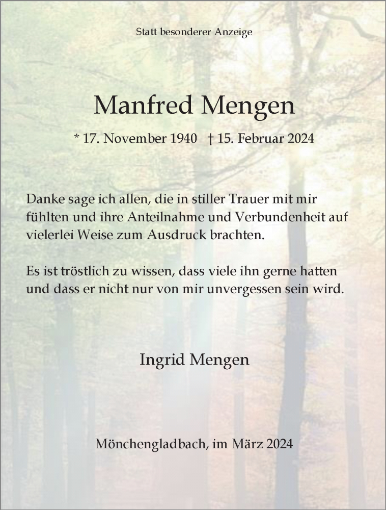  Traueranzeige für Manfred Mengen vom 31.03.2024 aus trauer.extra-tipp-moenchengladbach.de