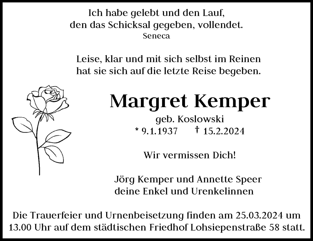  Traueranzeige für Margret Kemper vom 02.03.2024 aus trauer.wuppertaler-rundschau.de