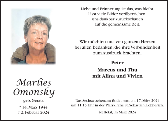 Traueranzeige von Marlies Omonsky von trauer.extra-tipp-moenchengladbach.de