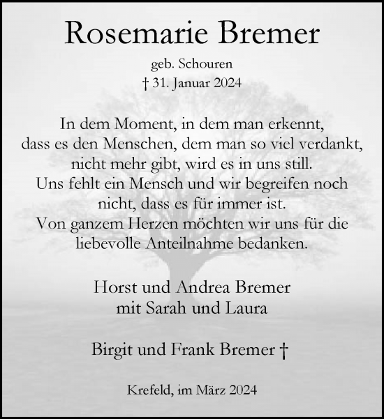 Traueranzeige von Rosemarie Bremer von trauer.extra-tipp-moenchengladbach.de