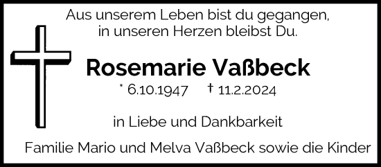 Traueranzeige von Rosemarie Vaßbeck von trauer.wuppertaler-rundschau.de