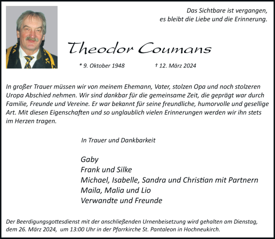Traueranzeige von Theodor Coumans von trauer.stadt-kurier.de