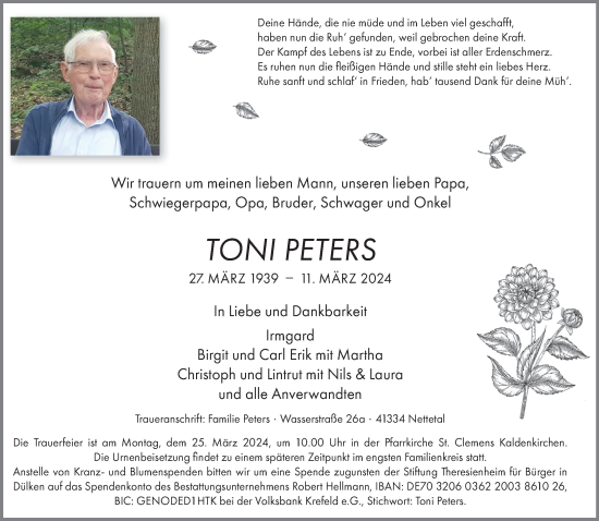 Traueranzeige von Toni Peters von trauer.extra-tipp-moenchengladbach.de