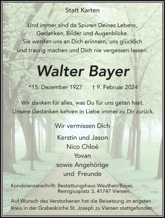 Traueranzeige von Walter Bayer von trauer.extra-tipp-moenchengladbach.de