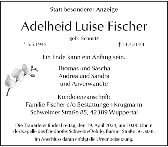 Traueranzeige von Adelheid Luise Fischer von trauer.wuppertaler-rundschau.de