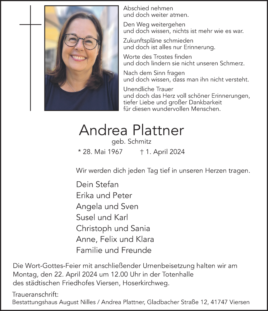  Traueranzeige für Andrea Plattner vom 21.04.2024 aus trauer.extra-tipp-moenchengladbach.de