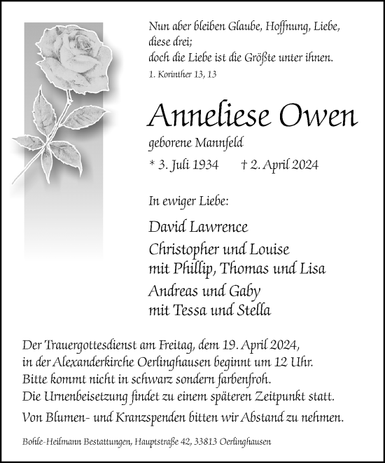 Traueranzeige von Anneliese Owen von trauer.wuppertaler-rundschau.de