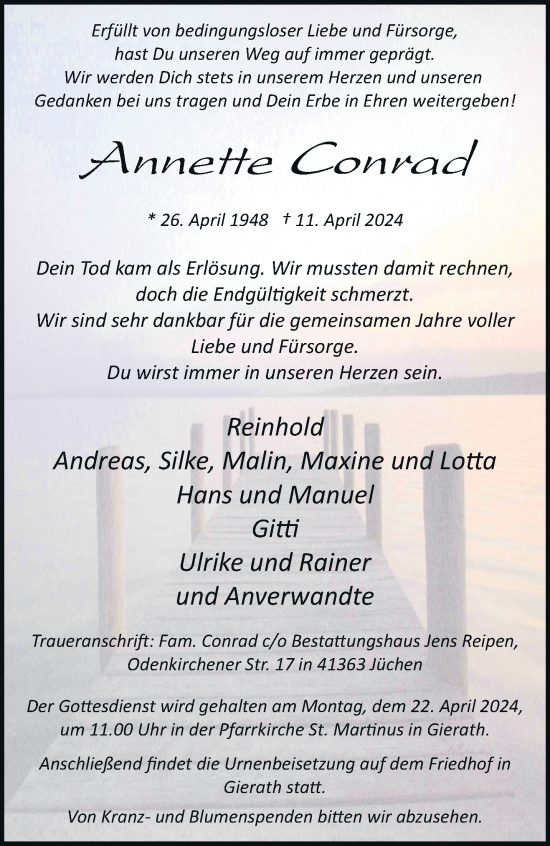 Traueranzeige von Annette Conrad von trauer.stadt-kurier.de