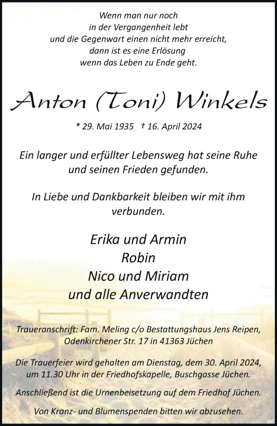 Traueranzeige von Anton Winkels von trauer.stadt-kurier.de