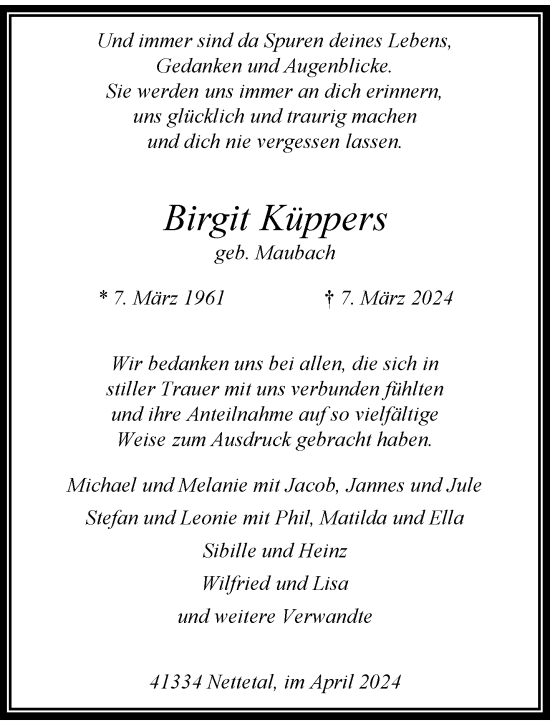 Traueranzeige von Birgit Küppers von trauer.extra-tipp-moenchengladbach.de