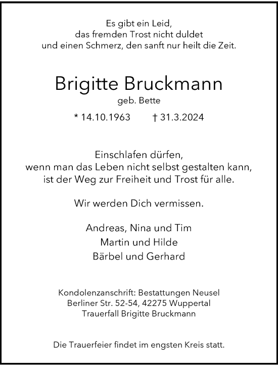 Traueranzeige von Brigitte Bruckmann von trauer.wuppertaler-rundschau.de