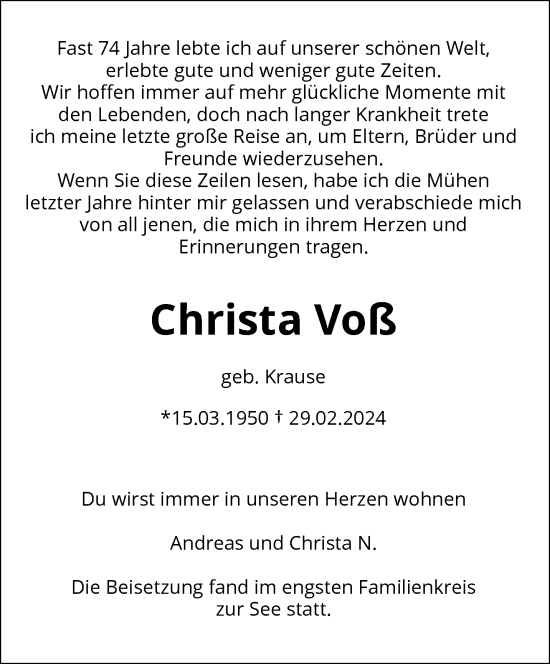 Traueranzeige von Christa Voß von trauer.wuppertaler-rundschau.de