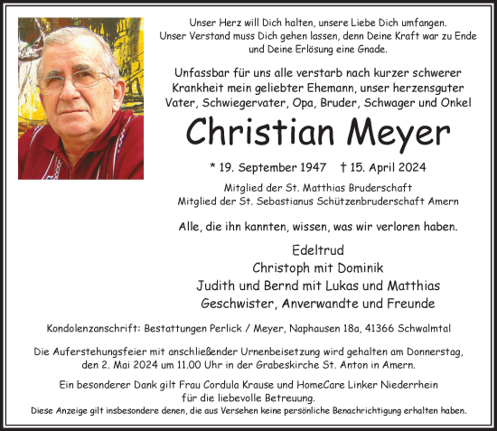 Traueranzeige von Christian Meyer von trauer.extra-tipp-moenchengladbach.de