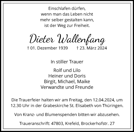 Traueranzeige von Dieter Wallenfang von trauer.extra-tipp-moenchengladbach.de