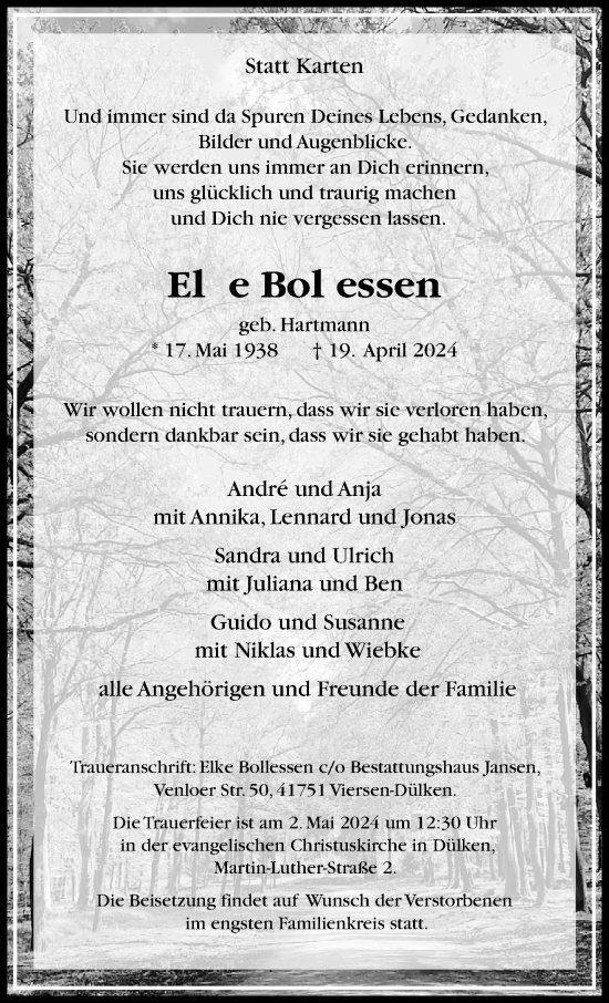 Traueranzeige von Elke Bollessen von trauer.extra-tipp-moenchengladbach.de
