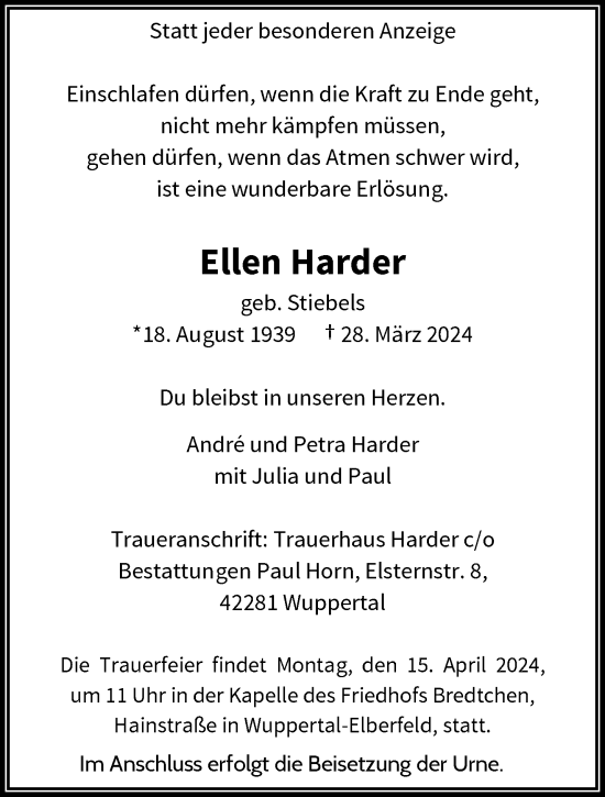 Traueranzeige von Ellen Harder von trauer.wuppertaler-rundschau.de