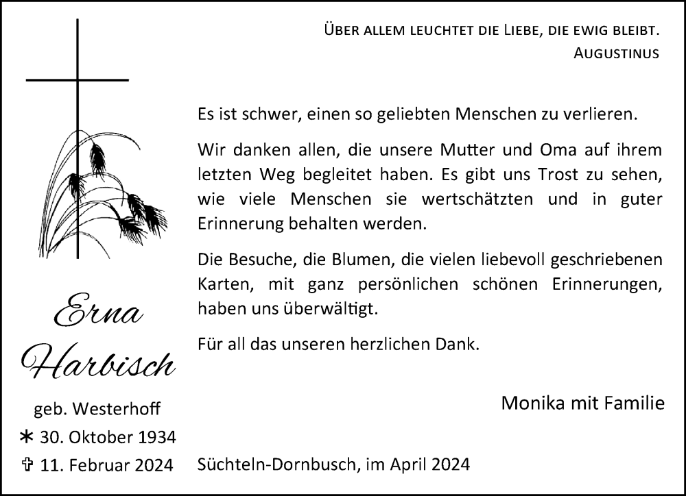  Traueranzeige für Erna Harbisch vom 07.04.2024 aus trauer.extra-tipp-moenchengladbach.de