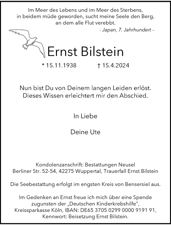 Traueranzeige von Ernst Bilstein von trauer.wuppertaler-rundschau.de