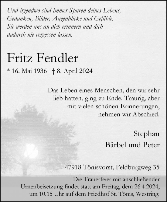 Traueranzeige von Fritz Fendler von trauer.extra-tipp-moenchengladbach.de
