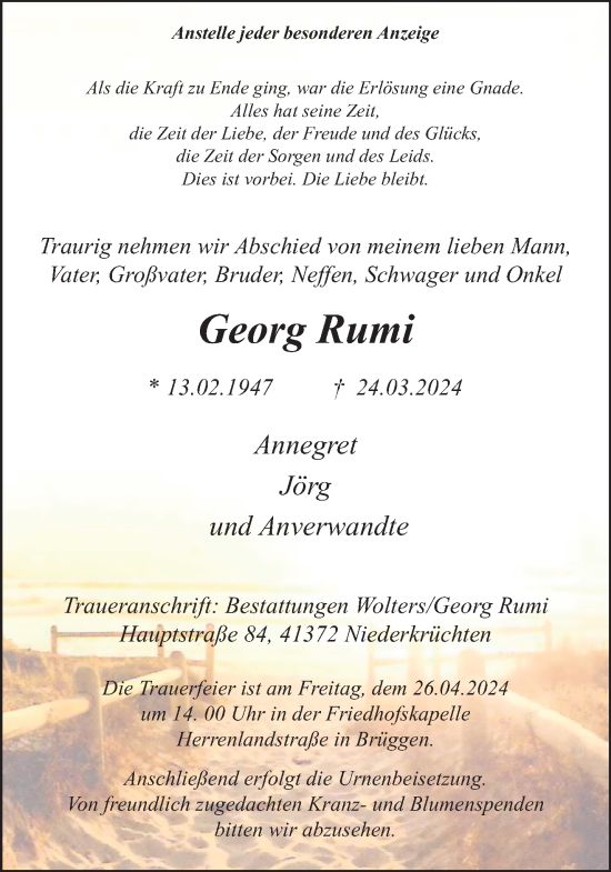 Traueranzeige von Georg Rumi von trauer.extra-tipp-moenchengladbach.de
