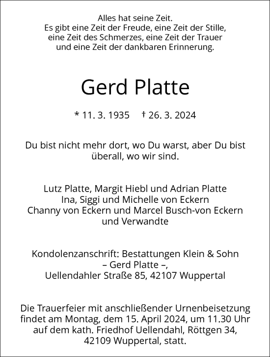 Traueranzeige von Gerd Platte von trauer.wuppertaler-rundschau.de