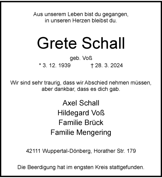 Traueranzeige von Grete Schall von trauer.wuppertaler-rundschau.de