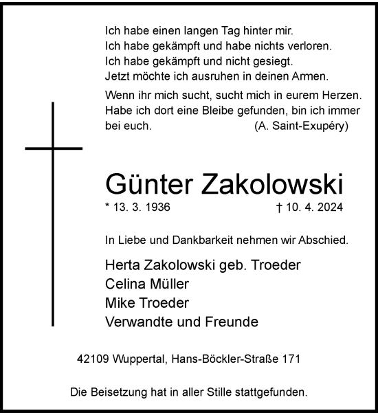 Traueranzeige von Günter Zakolowski von trauer.wuppertaler-rundschau.de