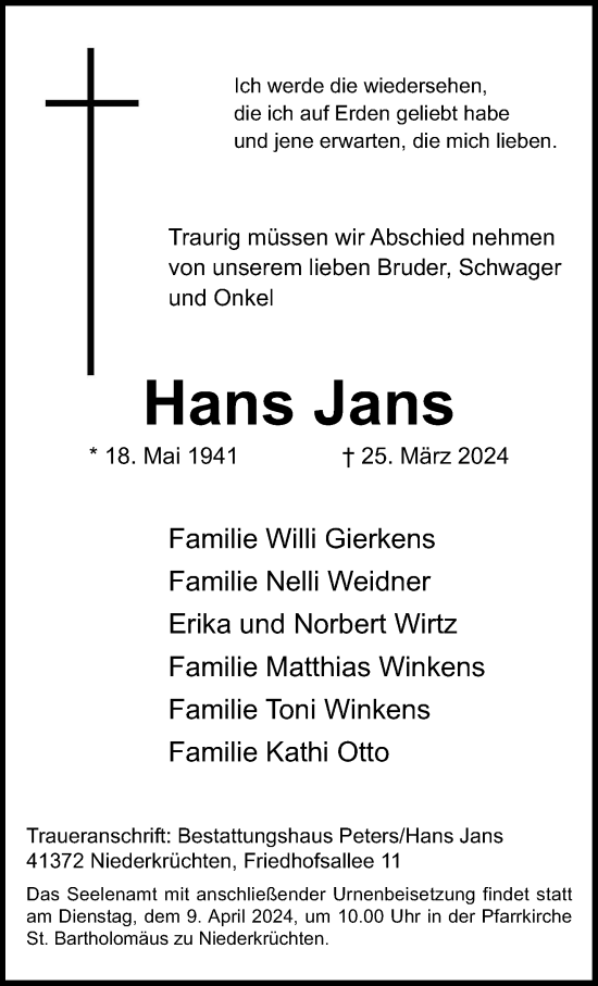 Traueranzeige von Hans Jans von trauer.extra-tipp-moenchengladbach.de