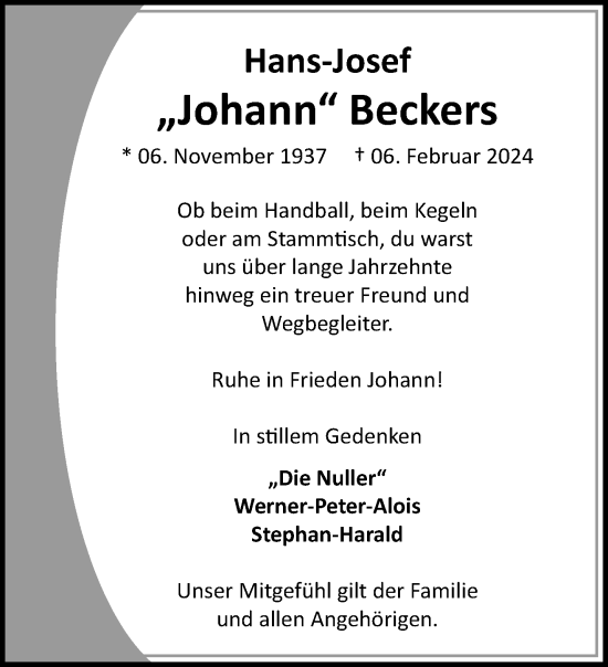 Traueranzeige von Hans-Josef Beckers von trauer.extra-tipp-moenchengladbach.de