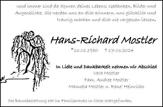 Traueranzeige von Hans-Richard Mostler von trauer.extra-tipp-moenchengladbach.de