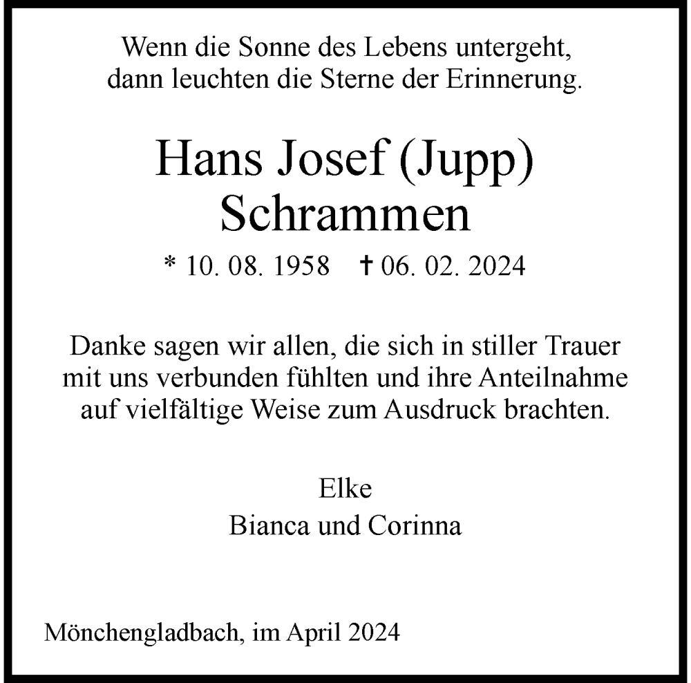  Traueranzeige für Hans Josef Schrammen vom 14.04.2024 aus trauer.extra-tipp-moenchengladbach.de