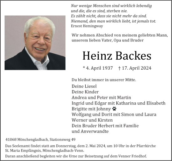 Traueranzeige von Heinz Backes von trauer.extra-tipp-moenchengladbach.de