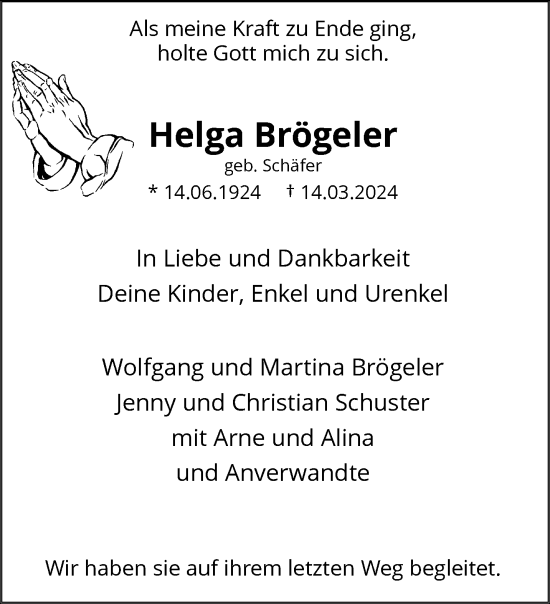 Traueranzeige von Helga Brögeler von trauer.wuppertaler-rundschau.de