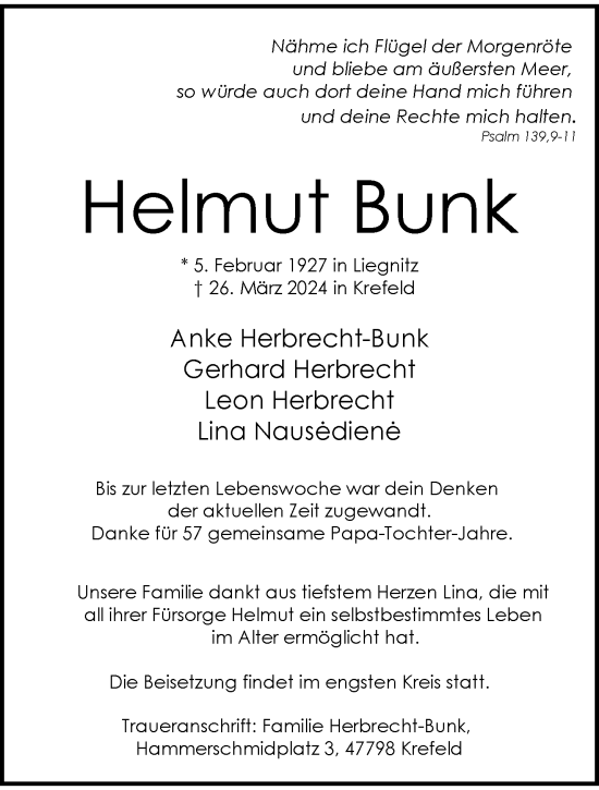 Traueranzeige von Helmut Bunk von trauer.duesseldorfer-anzeiger.de