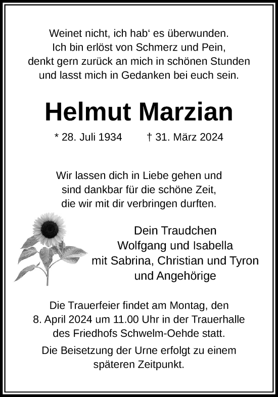 Traueranzeige von Helmut Marzian von trauer.wuppertaler-rundschau.de