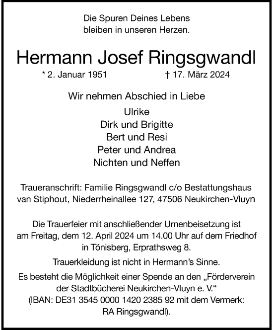 Traueranzeige von Hermann Josef Ringsgwandl von trauer.extra-tipp-moenchengladbach.de