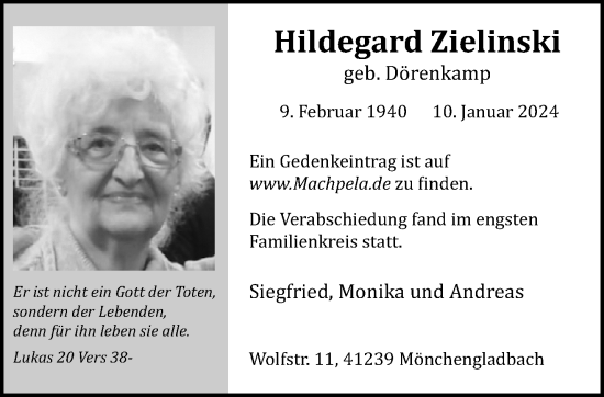 Traueranzeige von Hildegard Zielinski von trauer.extra-tipp-moenchengladbach.de