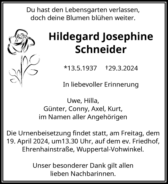 Traueranzeige von Hildegard Josephine Schneider von trauer.wuppertaler-rundschau.de