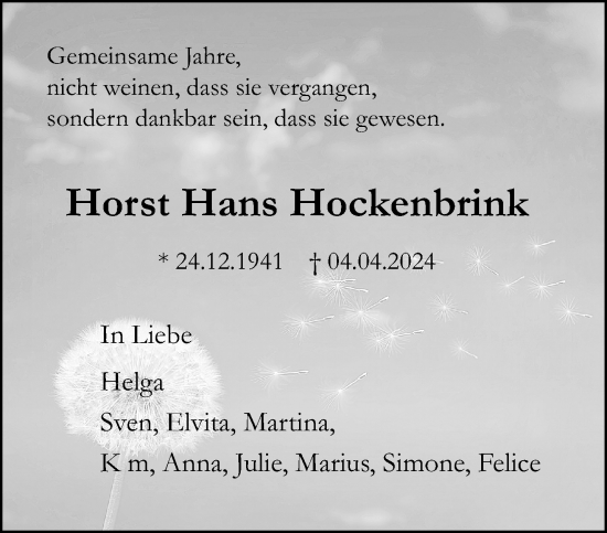 Traueranzeige von Horst Hans Hockenbrink von trauer.extra-tipp-moenchengladbach.de