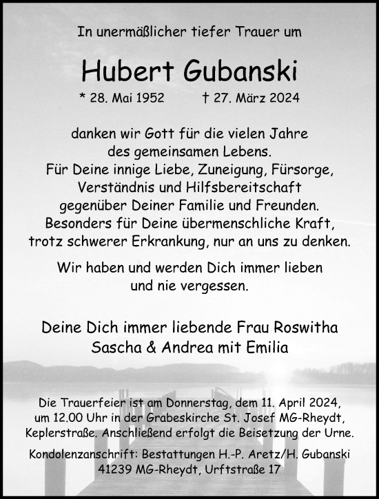 Traueranzeige von Hubert Gubanski von trauer.extra-tipp-moenchengladbach.de