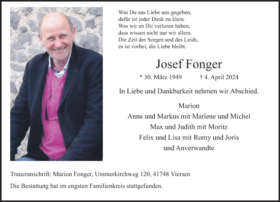 Traueranzeige von Josef Fonger von trauer.extra-tipp-moenchengladbach.de