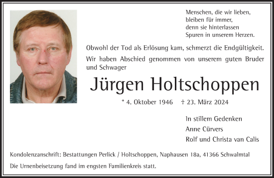 Traueranzeige von Jürgen Holtschoppen von trauer.extra-tipp-moenchengladbach.de