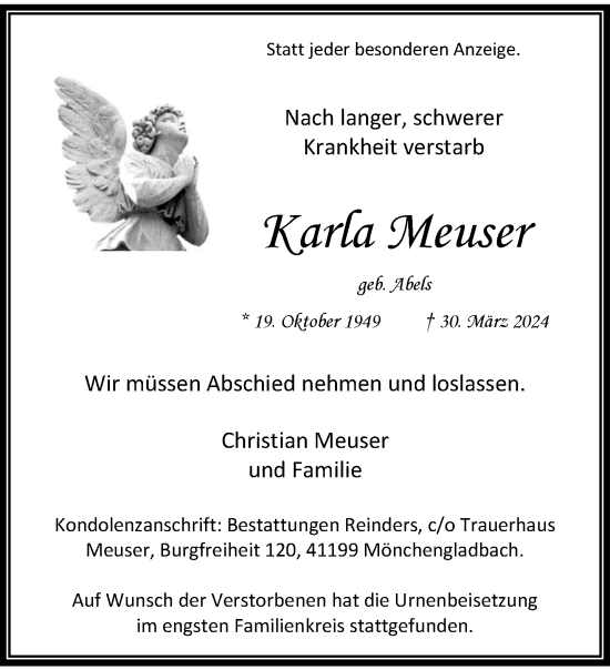 Traueranzeige von Karla Meuser von trauer.stadt-kurier.de