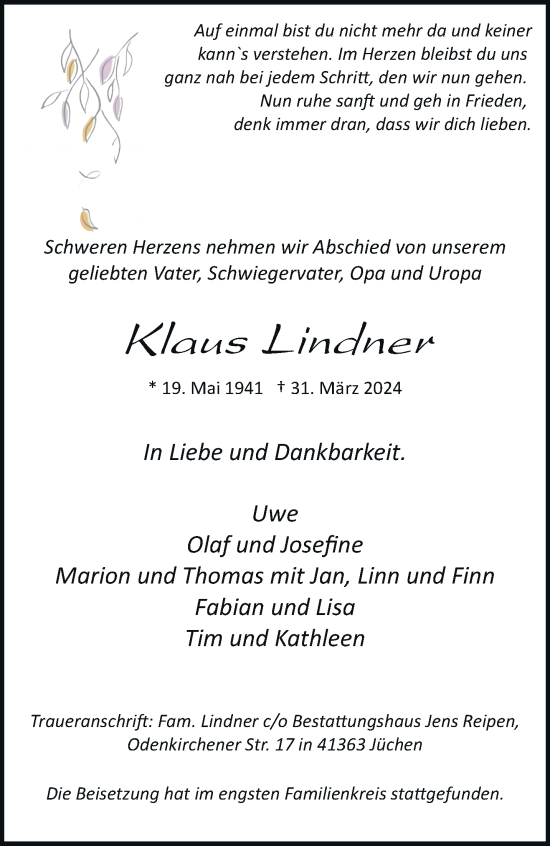 Traueranzeige von Klaus Lindner von trauer.stadt-kurier.de