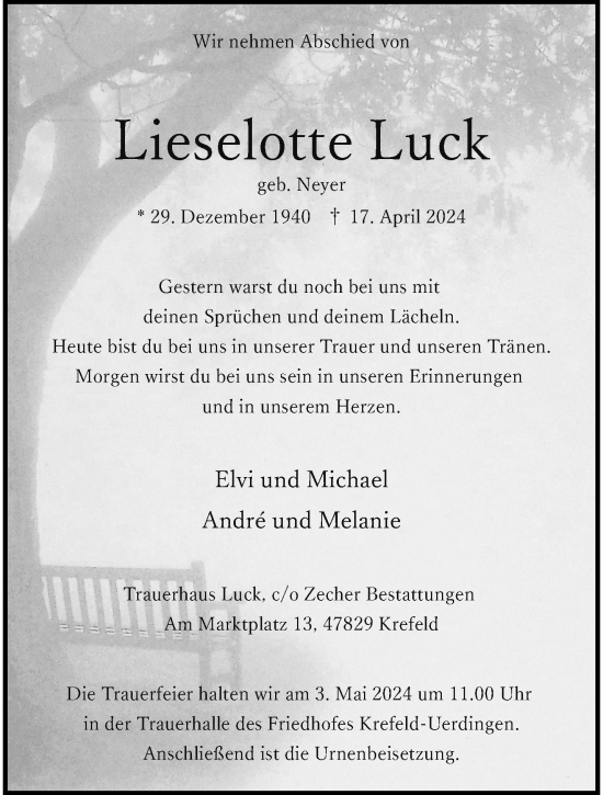 Traueranzeige von Lieselotte Luck von trauer.extra-tipp-moenchengladbach.de