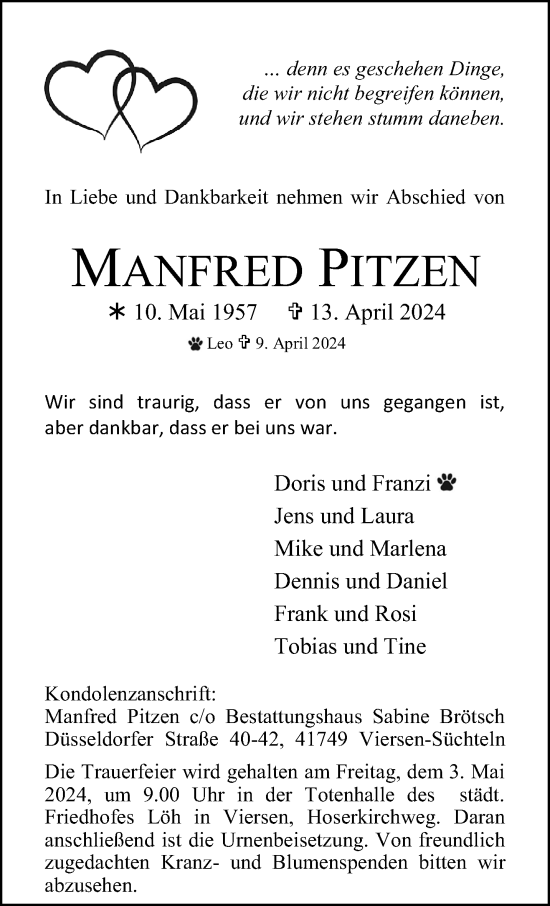 Traueranzeige von Manfred Pitzen von trauer.extra-tipp-moenchengladbach.de