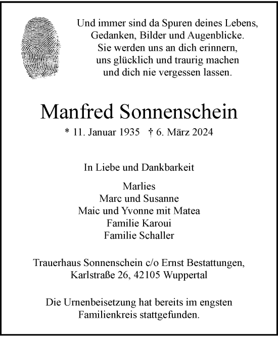 Traueranzeige von Manfred Sonnenschein von trauer.wuppertaler-rundschau.de