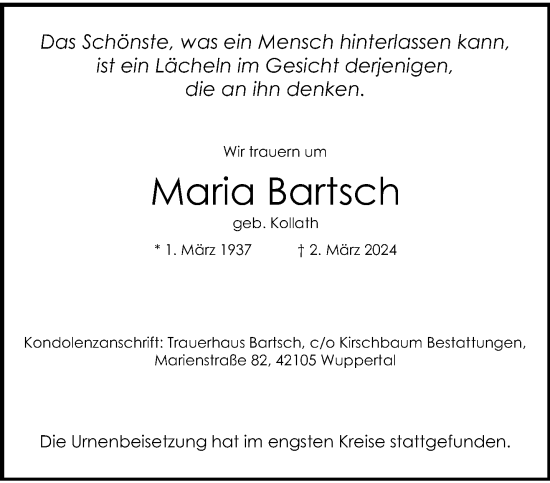 Traueranzeige von Maria Bartsch von trauer.wuppertaler-rundschau.de
