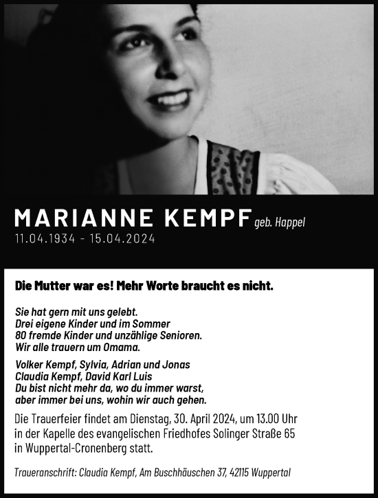 Traueranzeige von Marianne Kempf von trauer.wuppertaler-rundschau.de