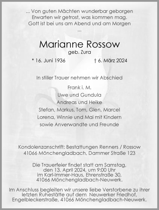 Traueranzeige von Marianne Rossow von trauer.extra-tipp-moenchengladbach.de